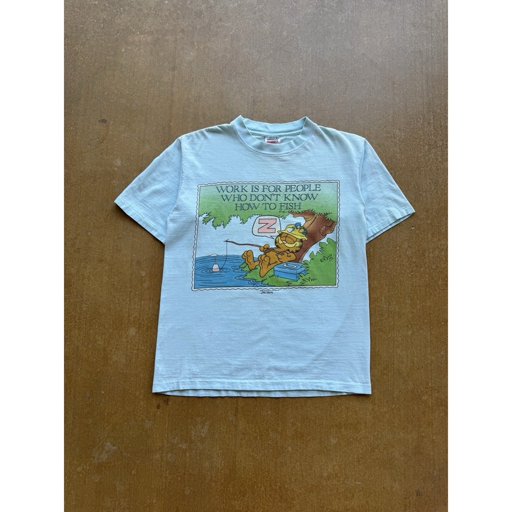VTG 90s Oneita Garfield Fishing Cartoon T-Shirt Mens M Blue Single Stitch USA